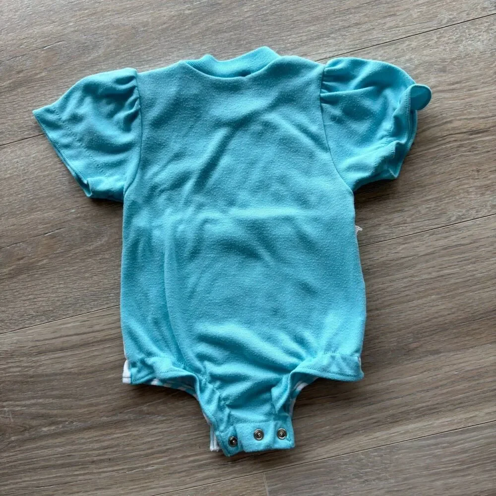 Vintage 80’s Blue & White Baby Romper 3-6 Mos One Piece Teddy Bear Balloon READ